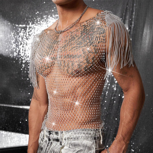 Grid Rhinestone Fishnet T-shirt See-through Nightclub shirt