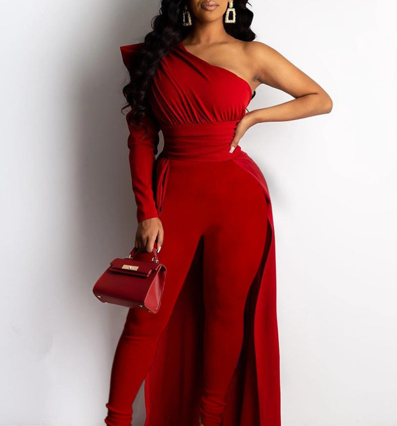 New Style Red One-Shoulder Sleeve Long Jumpsuit