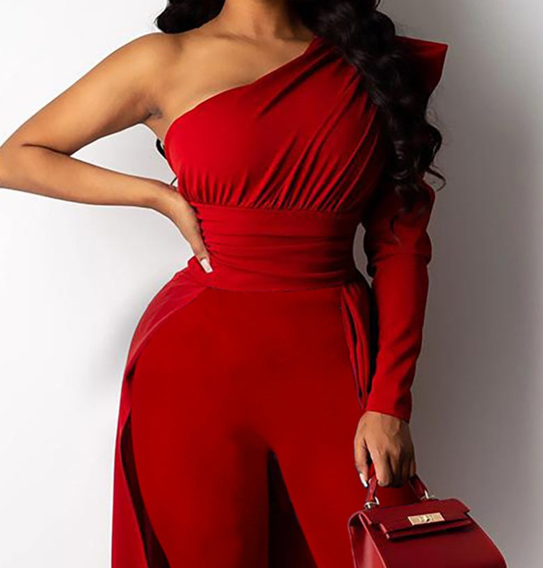 New Style Red One-Shoulder Sleeve Long Jumpsuit