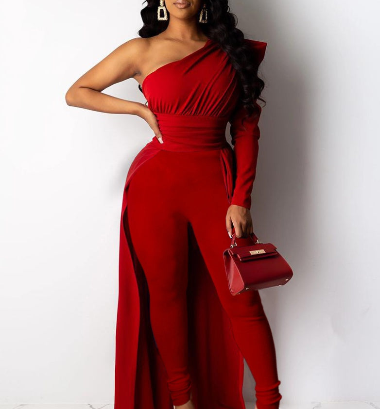 New Style Red One-Shoulder Sleeve Long Jumpsuit