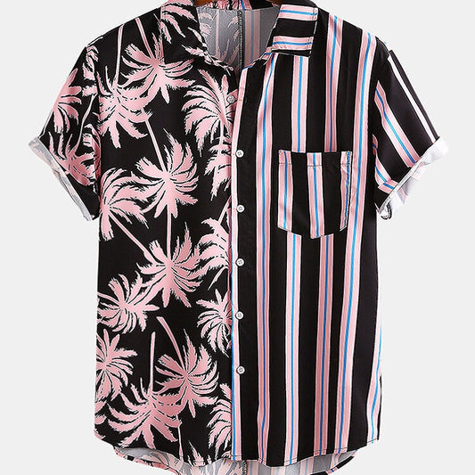 New Men's Printed pattern Striped Stitching Casual Shirt Short-sleeved