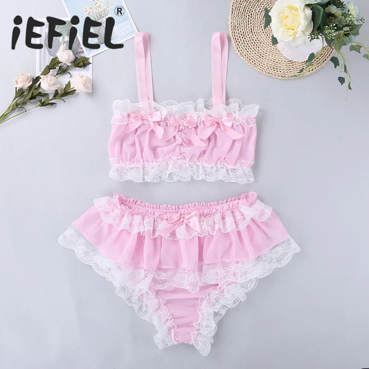 Sexy Men's Sissy Underwear Breathable Transparent Ruffled Lace Sheer Lingerie Set