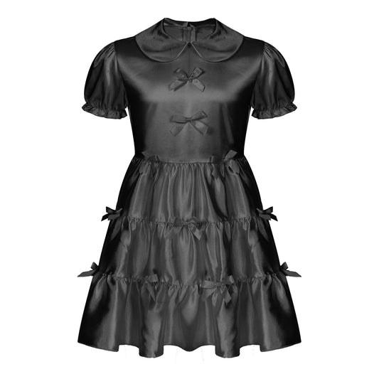Mens Sissy Crossdress Dress Satin Puff Sleeve Bowknot Ruffle Dress
