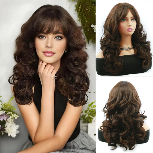 Dark brown women's medium curly wig, made of 22 inch synthetic fiber, for role-playing,parties, and holidays