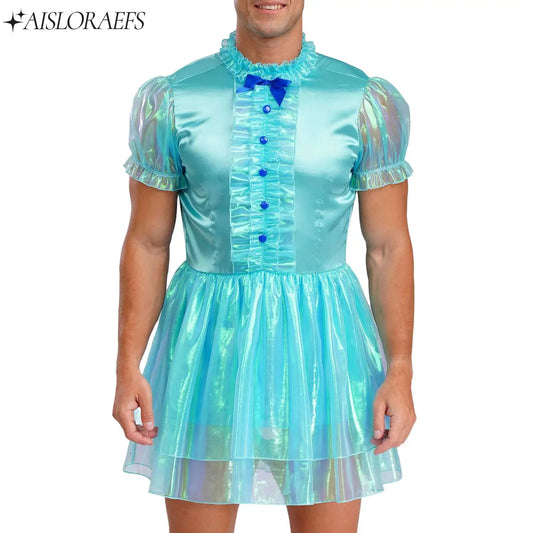 Mens Sissy Maid Ruffled Puff Sleeve Bow Sparkly Puffy Dress