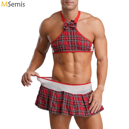 Mens Sissy School girl Set Halter Bow  Crop Top And Pleated Mini Skirt