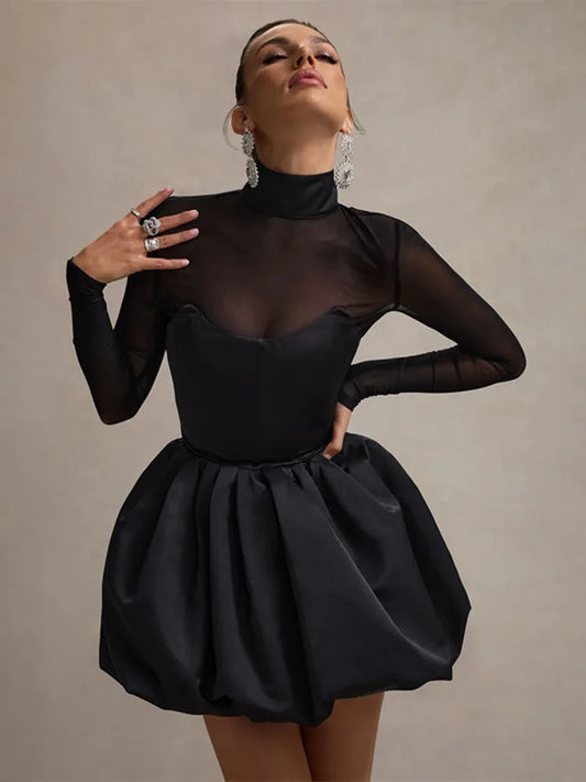 Mozision Turtleneck Sheer Long Sleeve Sexy Mini Dress For Black See Through High Waist A-line Dress