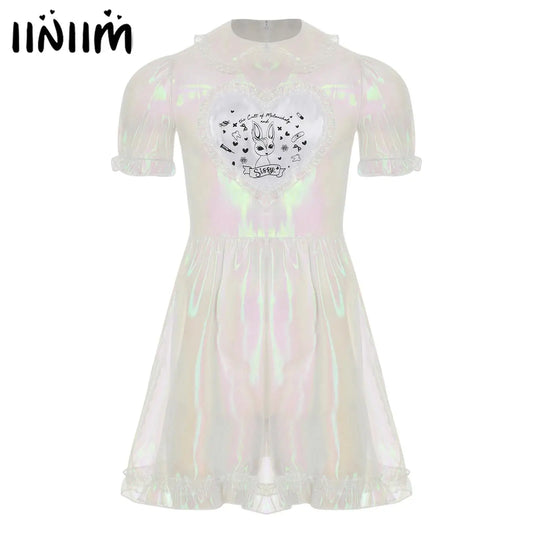 Mens Adult Organza Sissy Corssdresser  Collar Puff Sleeve Flare A-line