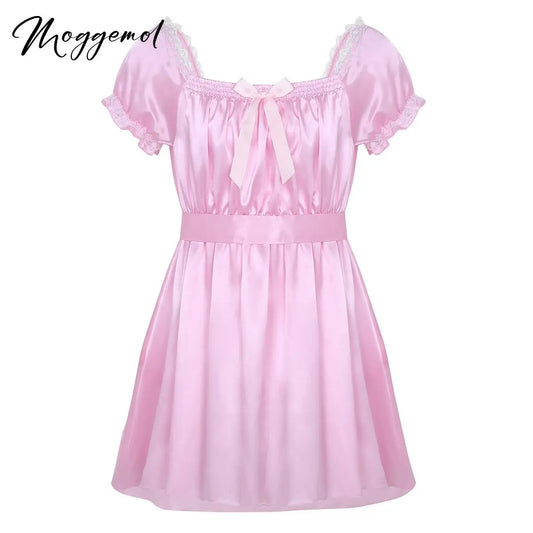 Mens Crossdressing Dress Shiny Square Neck Short Sleeves Sissy Nightdress