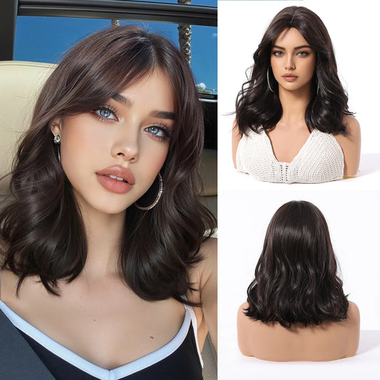 Brown Synthetic Wavy Wig Bangs Medium Length Natural Looking Hair Heat Resistant