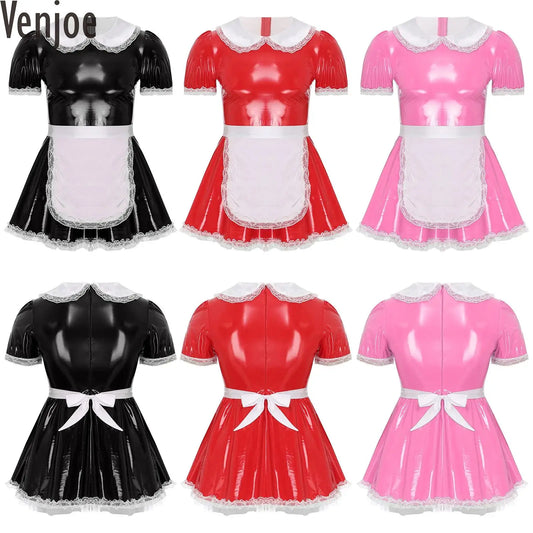 Mens Sissy Servants Maid Dress with Apron Patent Leather A-Line Dress