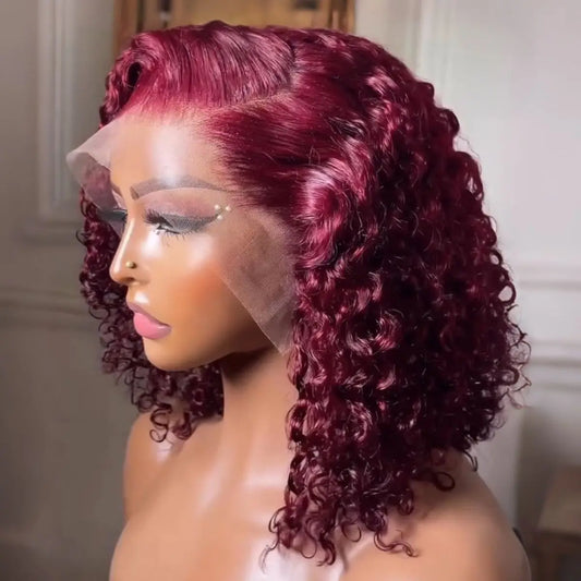 Short Bob Blunt Cut 99J Red Burgundy Color Water Wave 13X4 Lace Frontal Wigs Synthetic Wig Prepluck Bleach Knots Glueless Wig